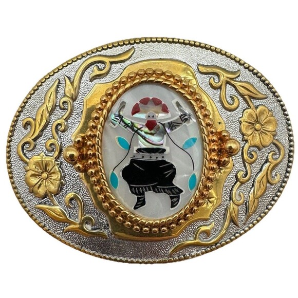 Belt Buckle Eagle Dancer Native Indian with Turquoise Inlay Southwestern SSI Fun